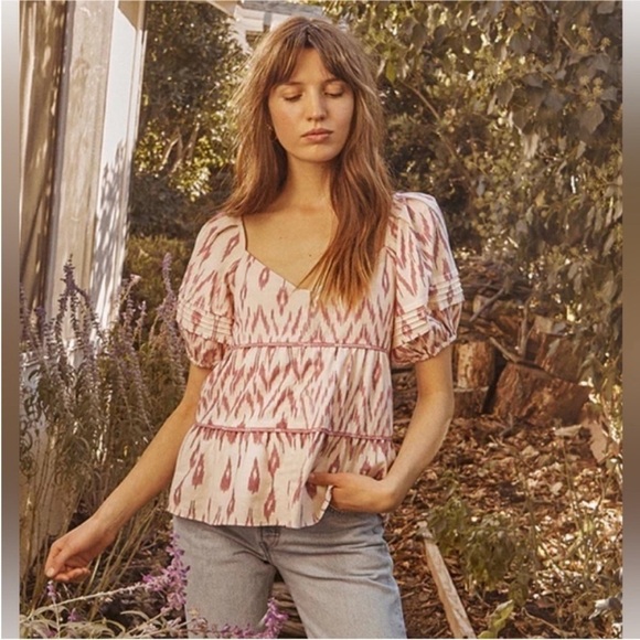 SAYLOR Inka Puff Sleeve Cotton Blouse Pink Ikat - Picture 1 of 10